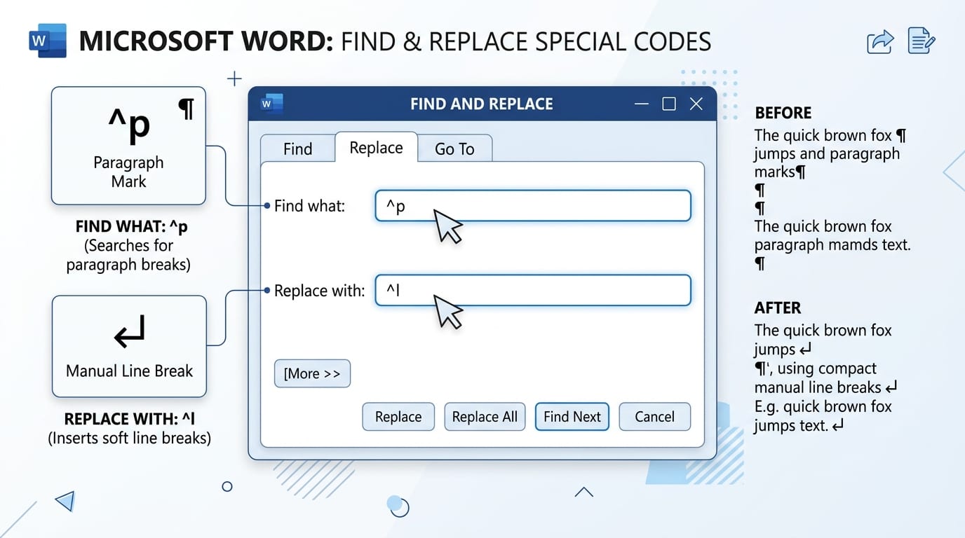 Microsoft Word Find and Replace dialog showing caret codes ^p for paragraph mark and ^l for manual line break