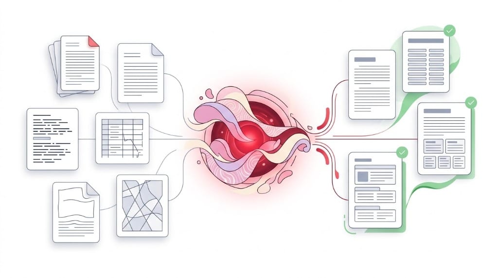 Intelligent text cleaning pipeline diagram transforming messy unstructured inputs into polished structured output