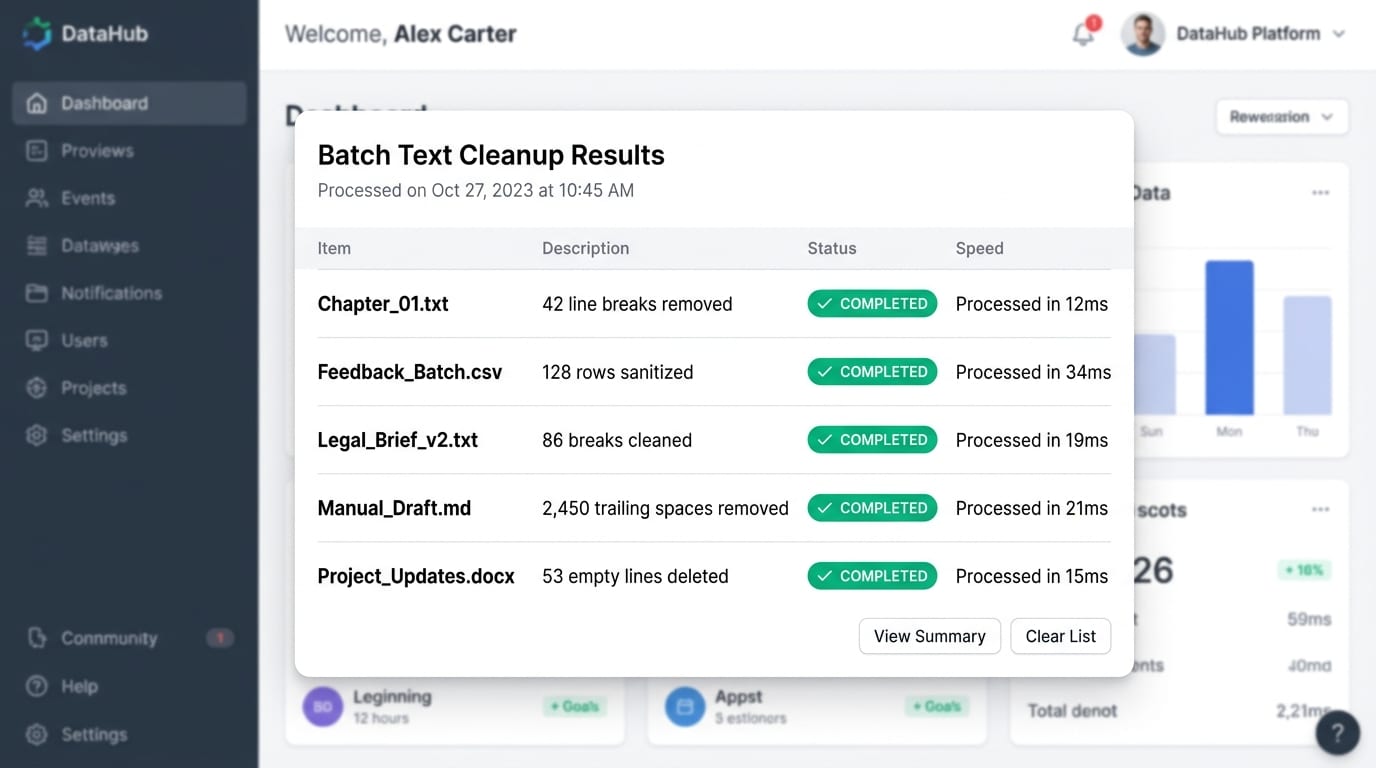 SaaS dashboard displaying batch text cleanup results with multiple files completed in milliseconds