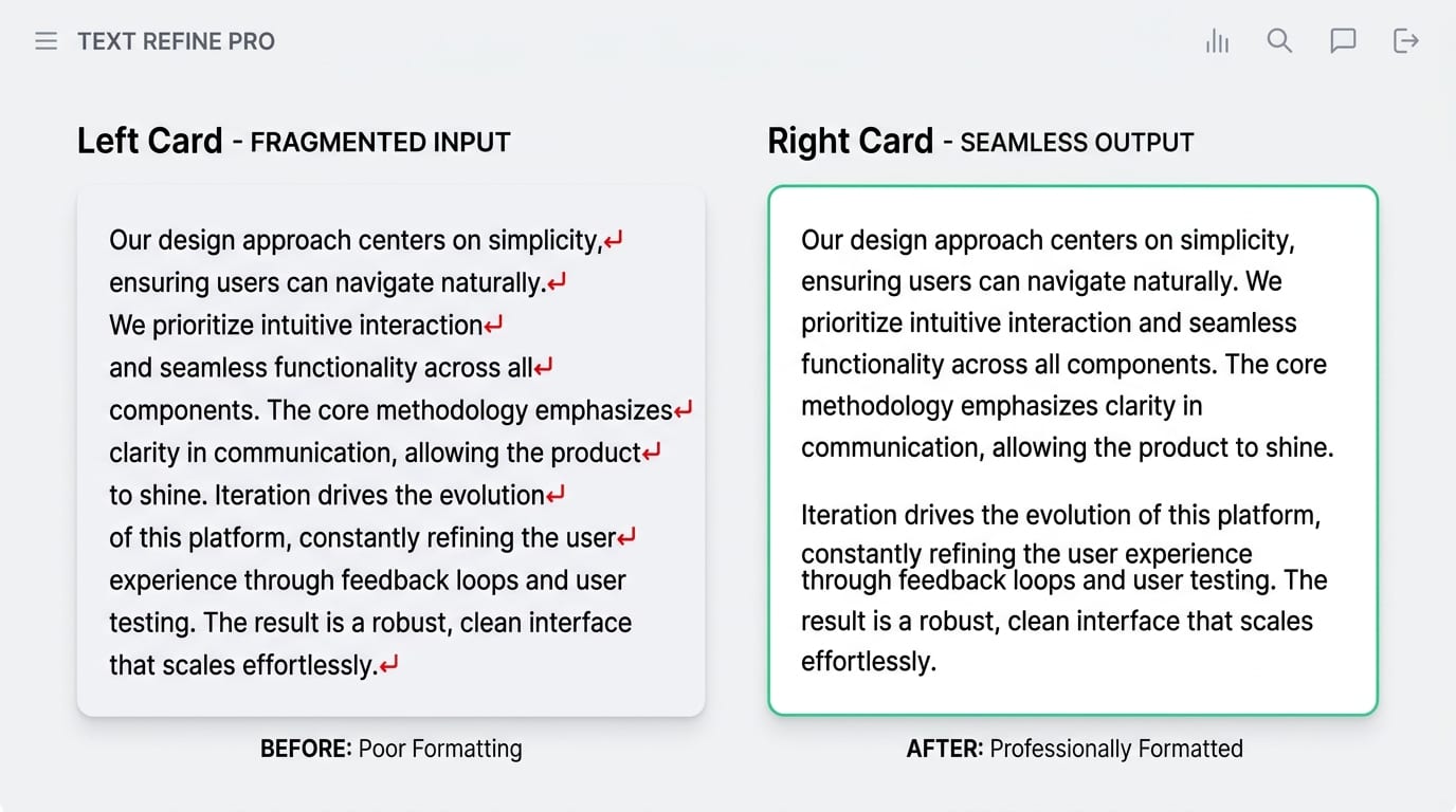 Side by side comparison of poorly formatted fragmented text versus professionally formatted paragraphs
