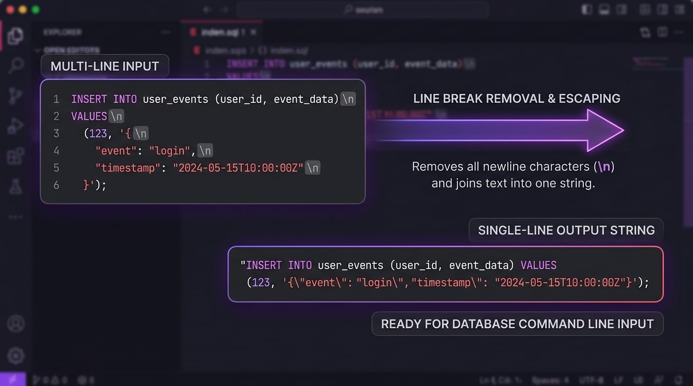 Technical diagram showing multi-line SQL statement and code collapsing into a single-line continuous string