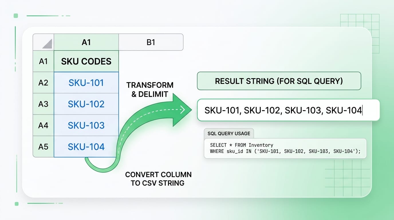 Spreadsheet column of SKU IDs converted into single-line comma-separated array for SQL query